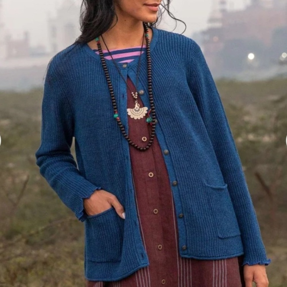 Gudrun Sjoden Indigo Blue Linen Organic Cotton Brioche Knit Cardigan Sweater Sml